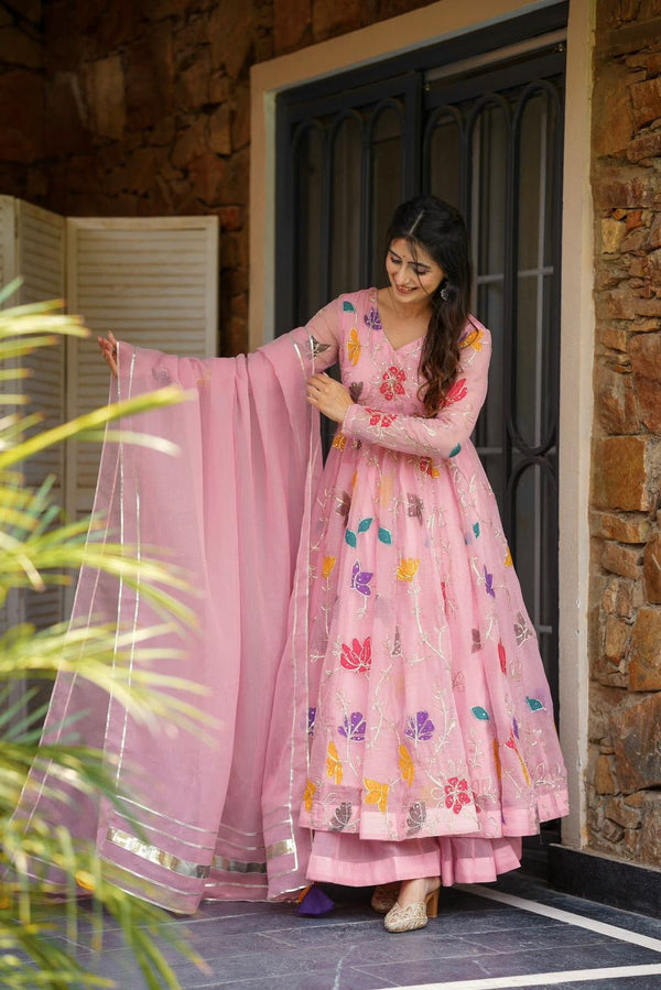 Pink Embroidered Anarkali Suit Set with Dupatta | Floral Ethnic Dress for Women