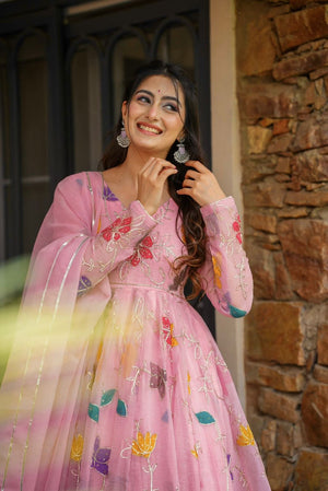 Pink Embroidered Anarkali Suit Set with Dupatta | Floral Ethnic Dress for Women