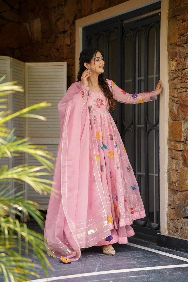 Pink Embroidered Anarkali Suit Set with Dupatta | Floral Ethnic Dress for Women