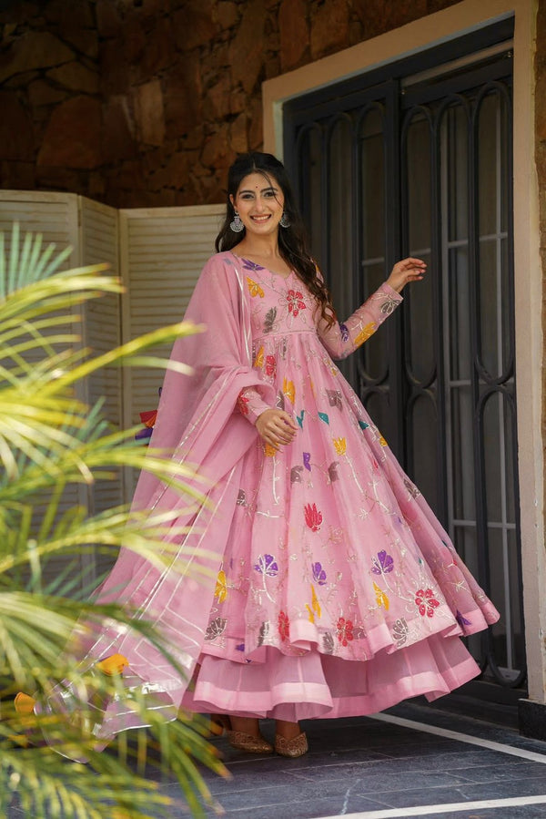 Pink Embroidered Anarkali Suit Set with Dupatta | Floral Ethnic Dress for Women
