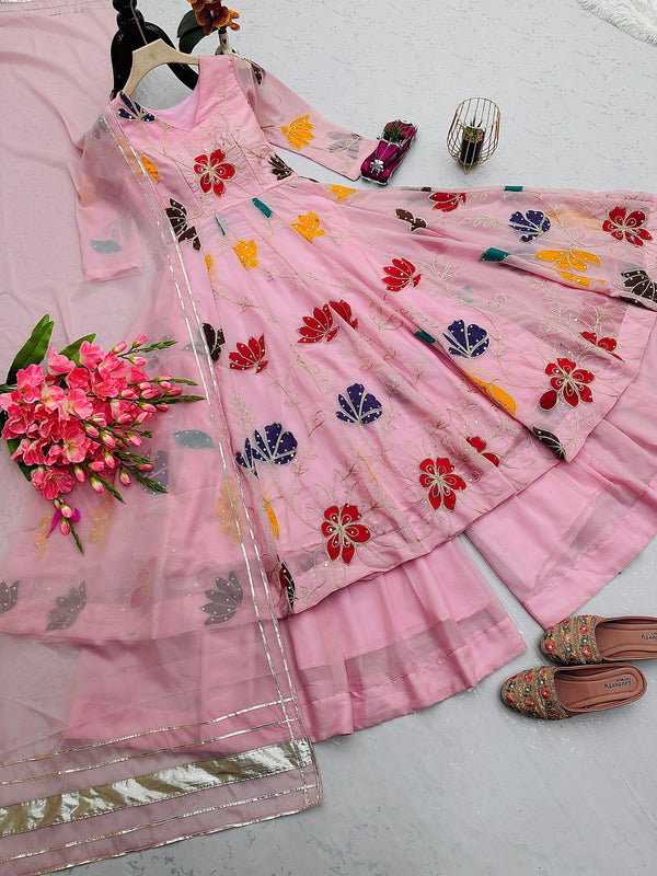 Pink Embroidered Anarkali Suit Set with Dupatta | Floral Ethnic Dress for Women