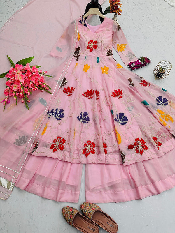 Pink Embroidered Anarkali Suit Set with Dupatta | Floral Ethnic Dress for Women