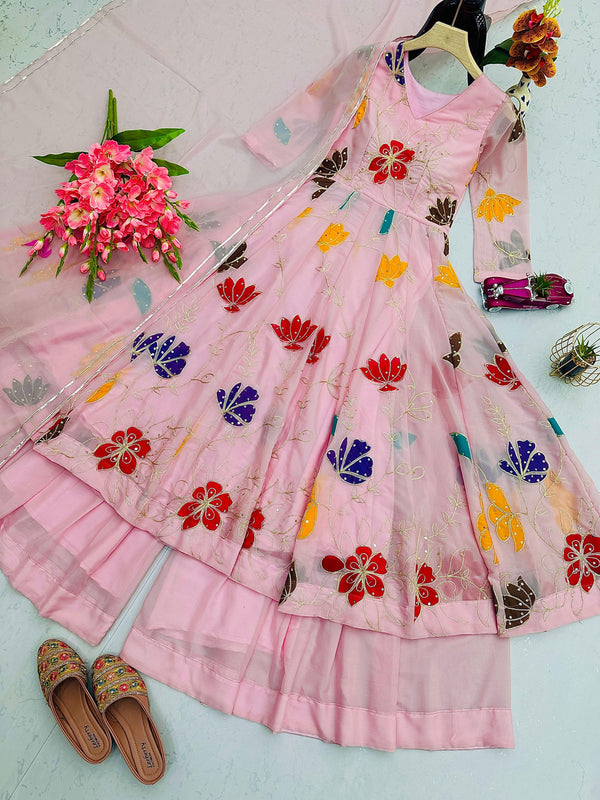 Pink Embroidered Anarkali Suit Set with Dupatta | Floral Ethnic Dress for Women