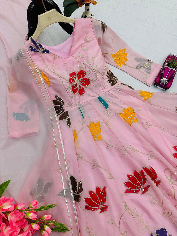 Pink Embroidered Anarkali Suit Set with Dupatta | Floral Ethnic Dress for Women