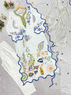 White Floral Embroidered Kurta Pant Dupatta Set for Women | Elegant Ethnic Suit Set