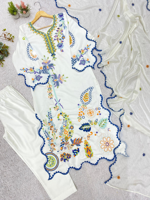 White Floral Embroidered Kurta Pant Dupatta Set for Women | Elegant Ethnic Suit Set