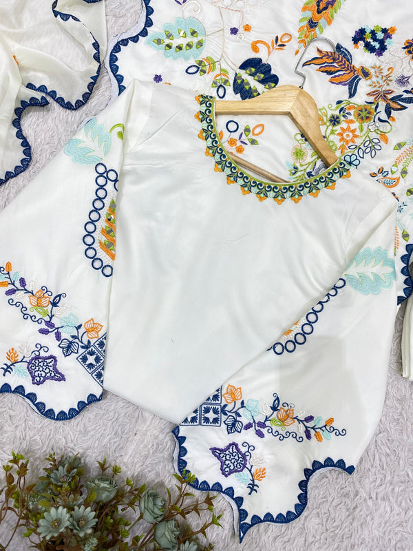 White Floral Embroidered Kurta Pant Dupatta Set for Women | Elegant Ethnic Suit Set