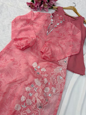 Pink Floral Embroidered Kurta Set for Women | Premium Festive Ethnic Wear