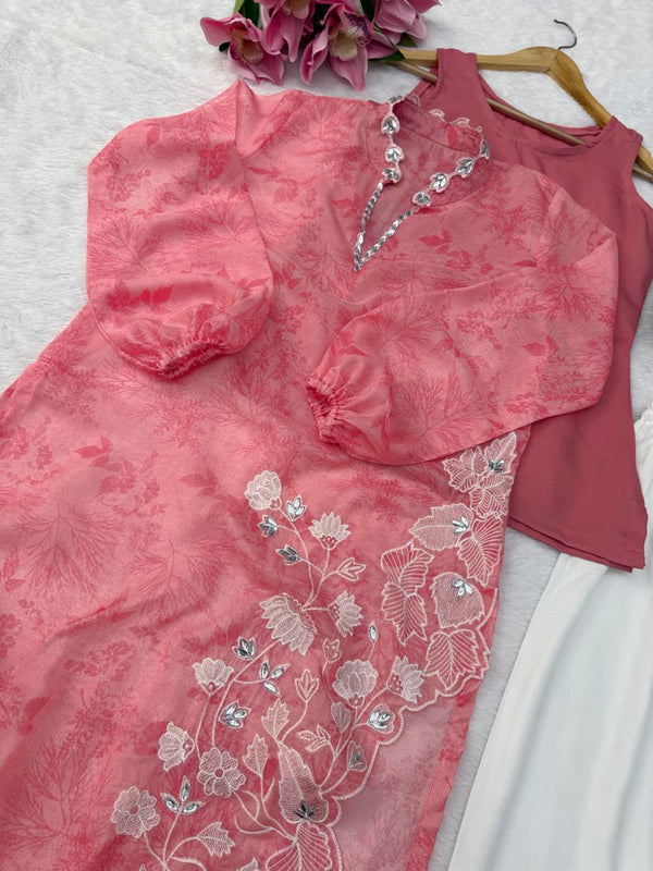Pink Floral Embroidered Kurta Set for Women | Premium Festive Ethnic Wear