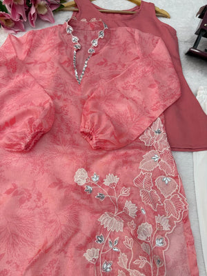Pink Floral Embroidered Kurta Set for Women | Premium Festive Ethnic Wear