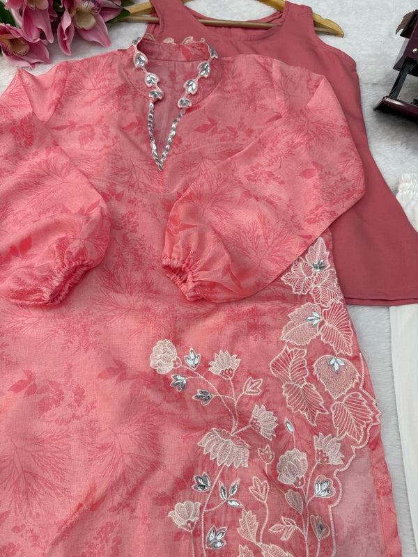 Pink Floral Embroidered Kurta Set for Women | Premium Festive Ethnic Wear