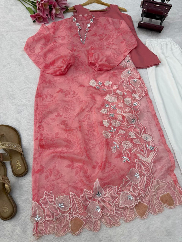 Pink Floral Embroidered Kurta Set for Women | Premium Festive Ethnic Wear