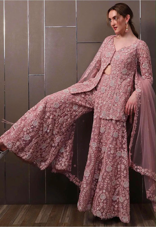 Dusty Rose Pink Luxury Embroidered 3-Piece Pakistani Suit Set