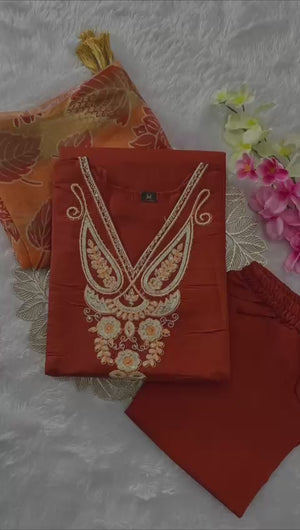 Roman Silk with Beautiful Embroidery Kurti Pent Dupatta Set