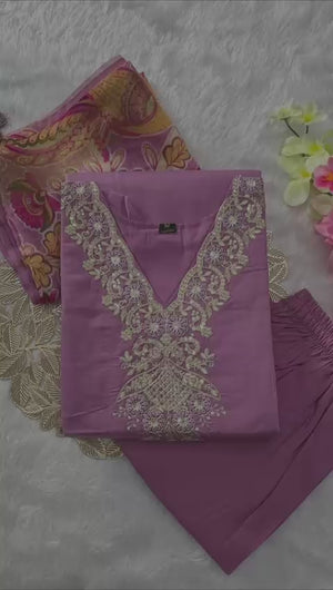 Roman Silk with Beautiful Embroidery Kurti Pent Dupatta Set